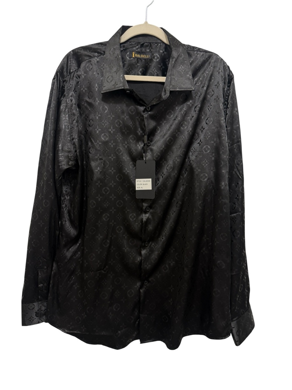 Men's Black Satin Button-Up Shirt. Copy of Louis Vuitton logo brand new.